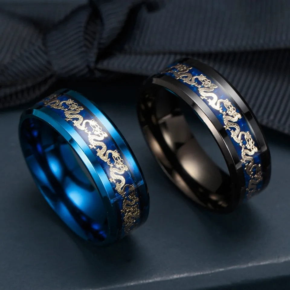 Bague Golden Dragon en acier avec motifs de dragons dorés
