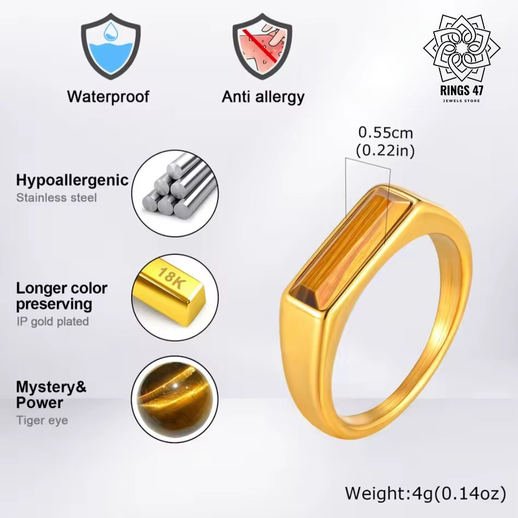 Bague homme œil de tigre en acier inoxydable plaqué or 18K, détails et dimensions