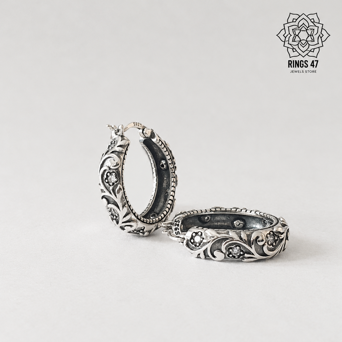 Créoles florales en argent 925, motifs en relief et zirconiums, poinçon S925