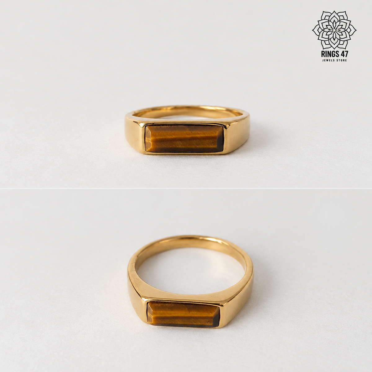 Bague homme œil de tigre plaqué or 18K vue de face et de trois-quarts
