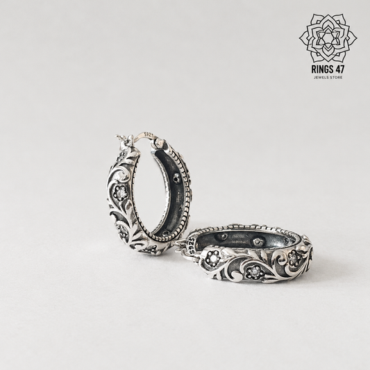 Créoles florales en argent 925, motifs en relief et zirconiums, poinçon S925